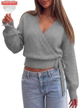 V Neck Wrap Pullover Sweater Criss Cross Tie Waist Ribbed Knit Top